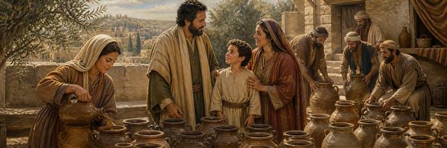 Elisha with the Shunammite woman and her living son beside many filled oil jars